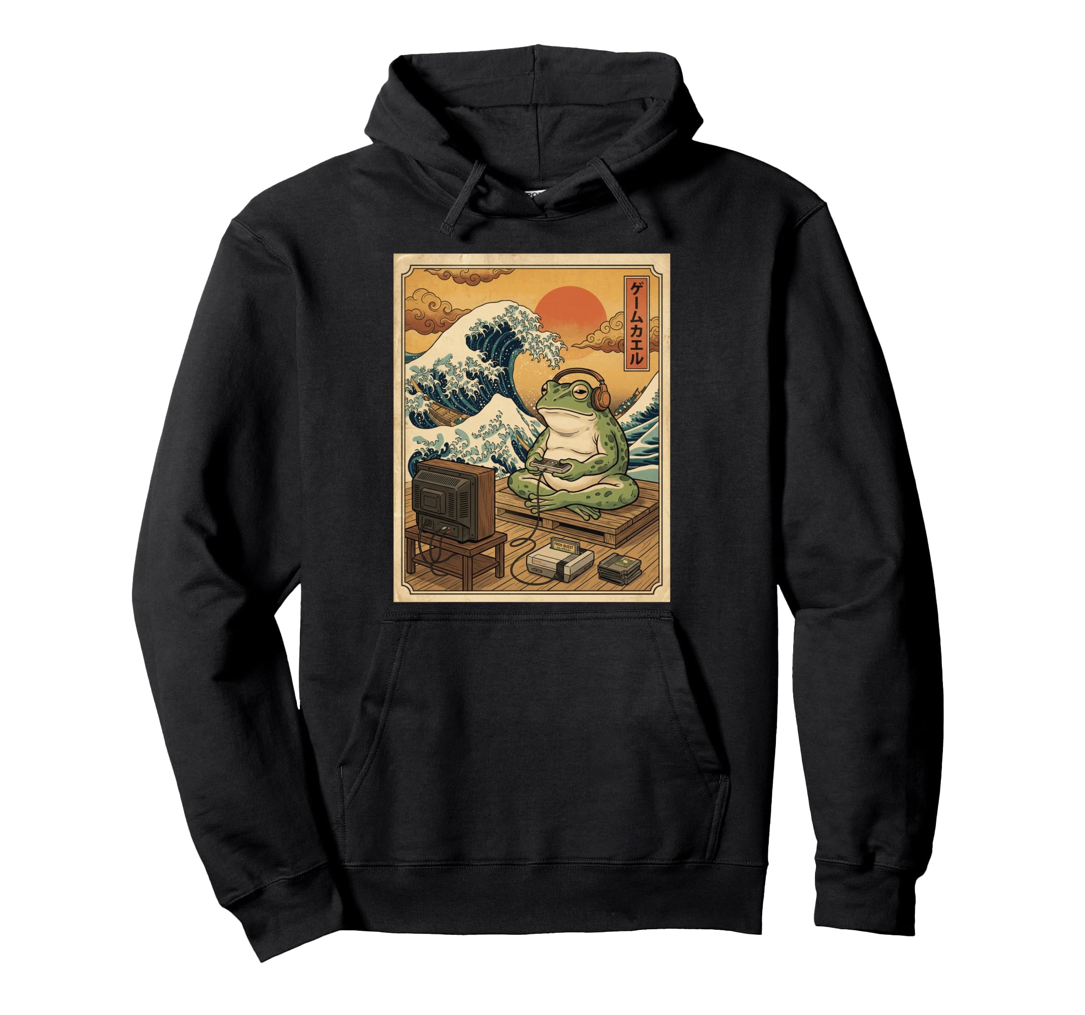 Gamer Frog Console Japanese Great Wave Art Hoodie - Trendy Graphic Unisex - T-Shirt, Sweatshirt, Hoodie