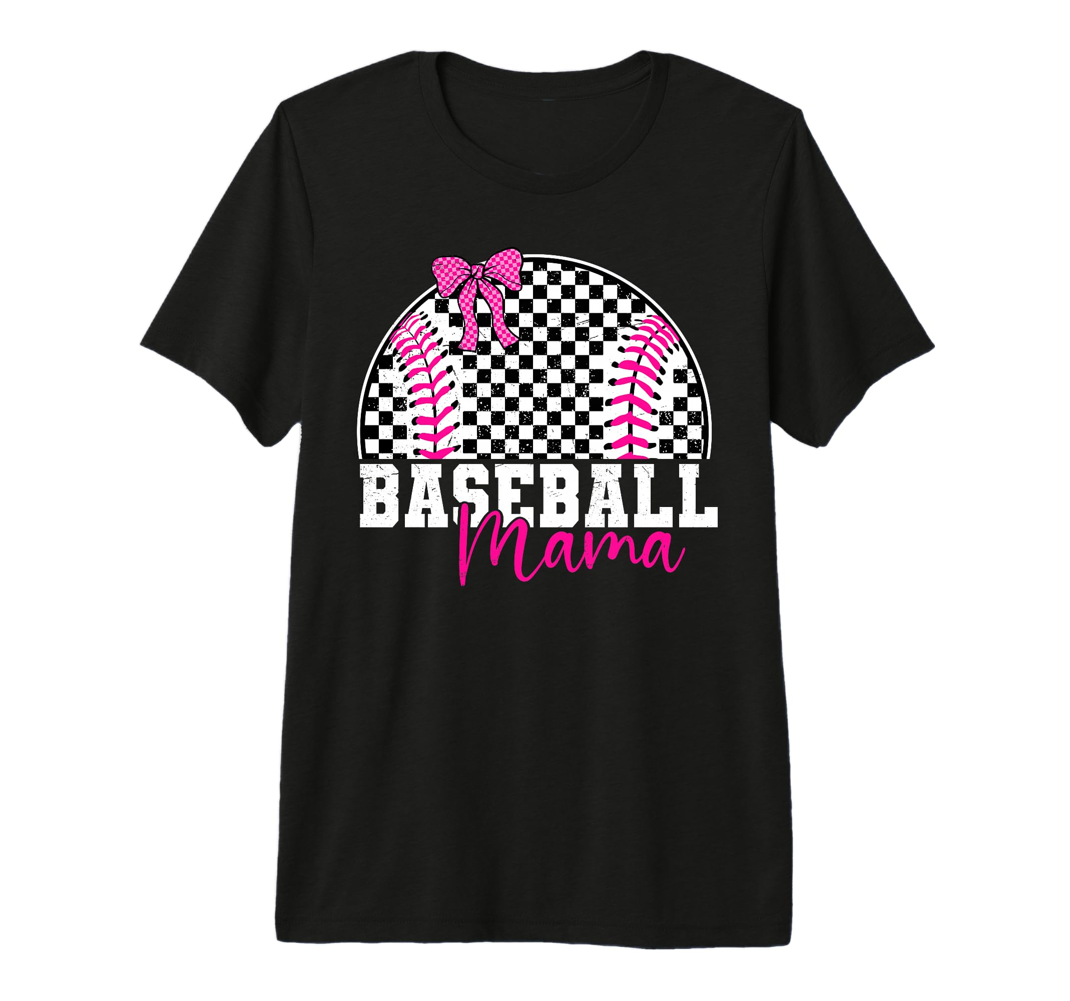 Checkered Baseball Mama Bow Varsity Mom T-Shirt - Graphic Print Unisex - T-Shirt, Sweatshirt, Hoodie