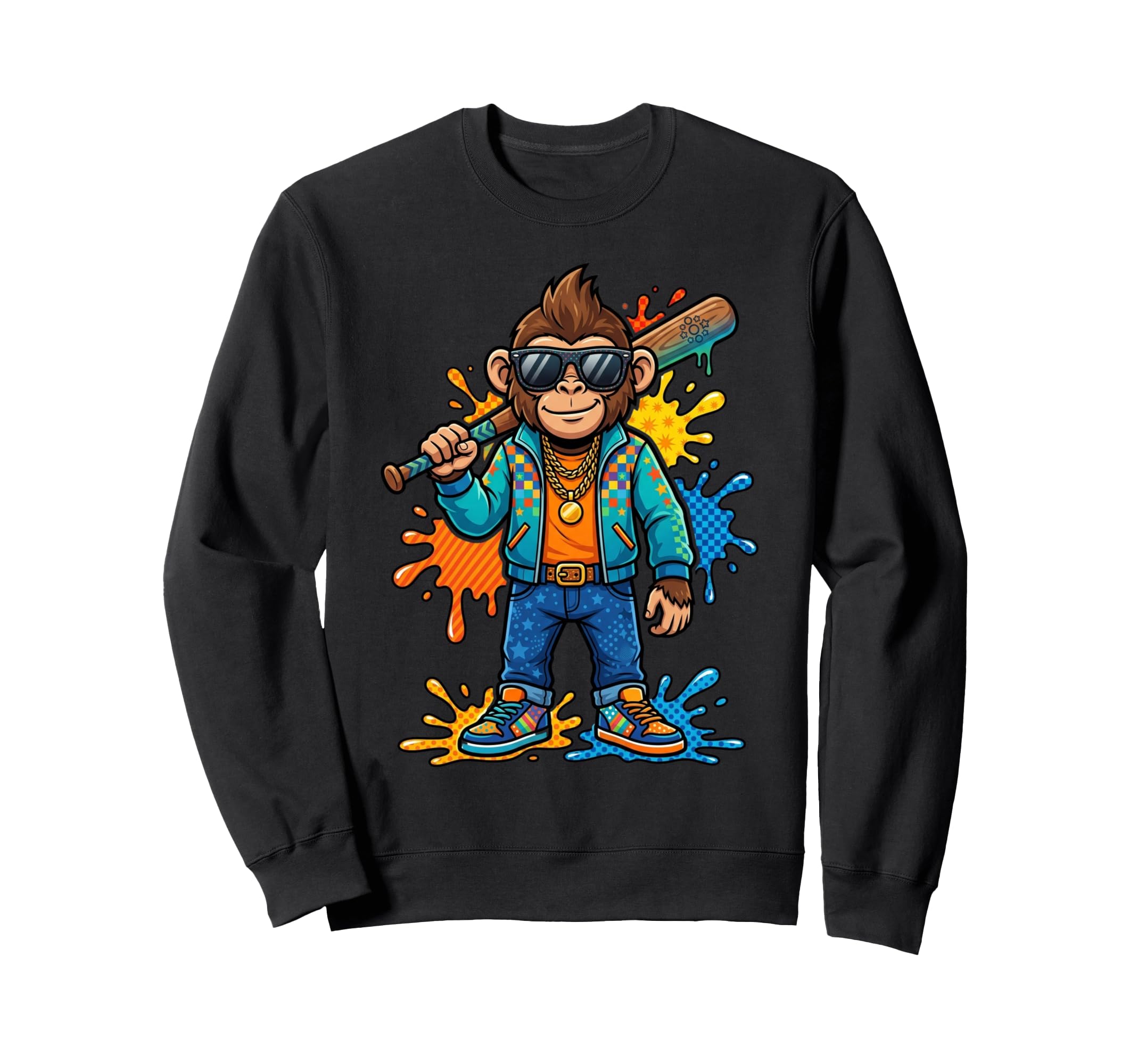 Funny Monkey Baseball Drip Animal Sweatshirt - Custom Art Print for Adults - T-Shirt, Sweatshirt, Hoodie