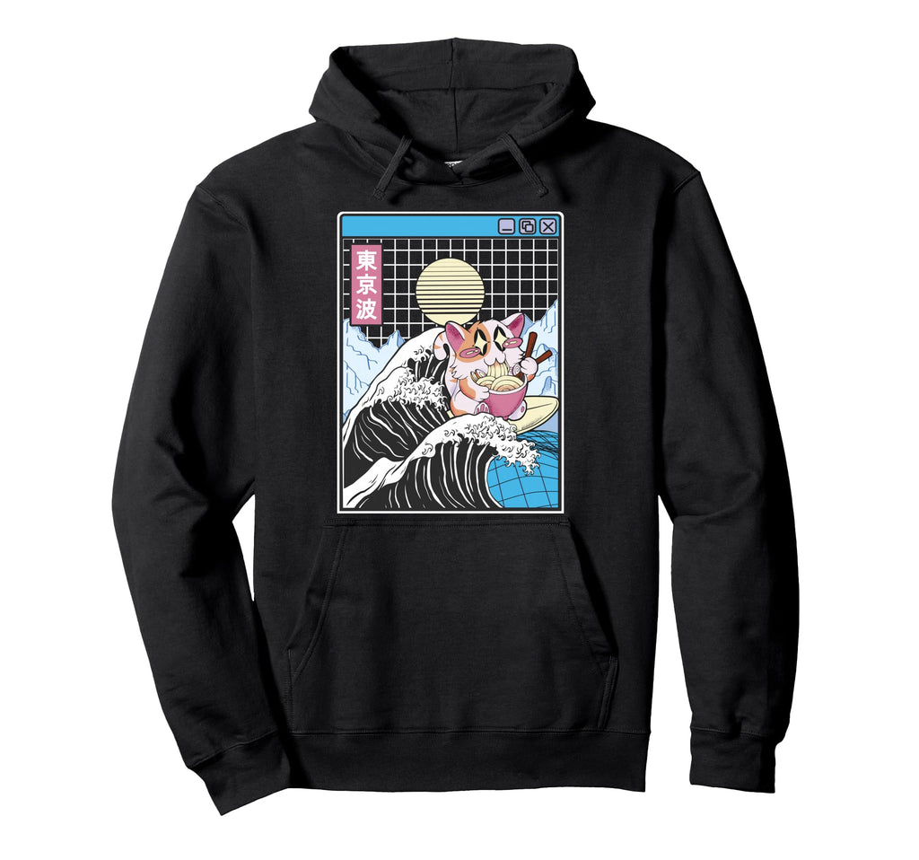 Happy Cat Eating Ramen Surfing Kanagawa Hoodie - Unique Graphic Unisex - T-Shirt, Sweatshirt, Hoodie