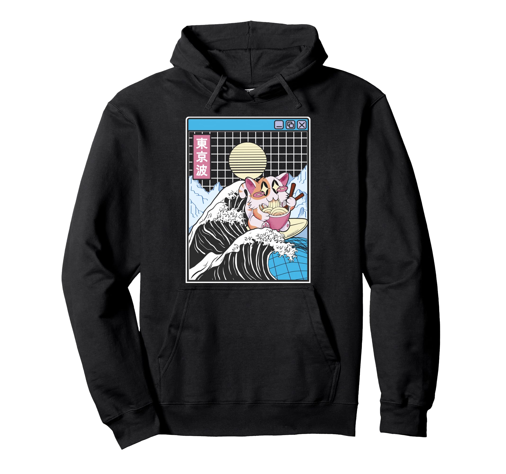 Happy Cat Eating Ramen Surfing Kanagawa Hoodie - Unique Graphic Unisex - T-Shirt, Sweatshirt, Hoodie