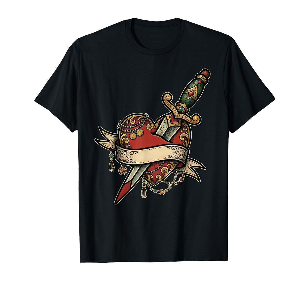 Heart Tattoo Traditional Dagger Banner T-Shirt - Unique Graphic for Adults - T-Shirt, Sweatshirt, Hoodie
