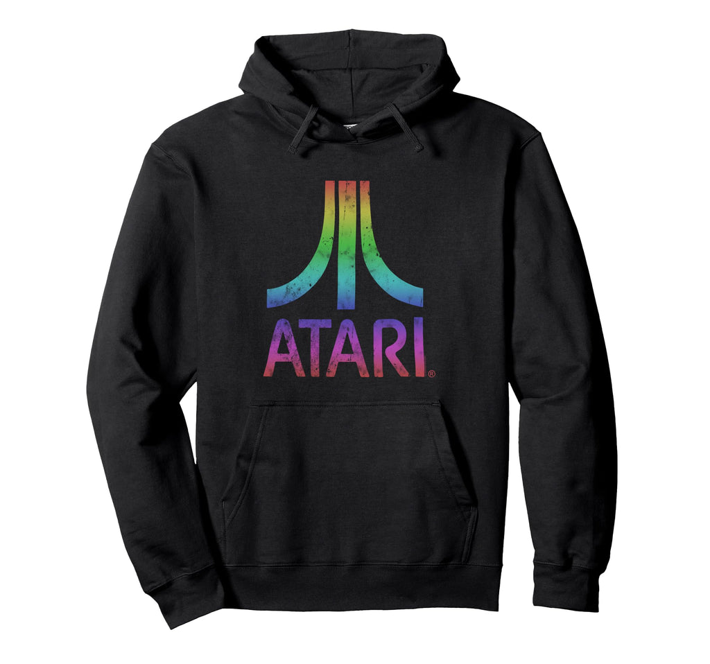 Atari Distressed Mt Fuji Rainbow Logo Hoodie - Novelty Apparel for Adults - T-Shirt, Sweatshirt, Hoodie
