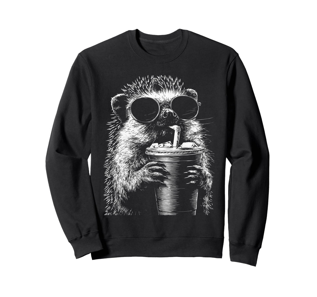Hedgehog Drinking Iced Coffee Funny Sweatshirt - Trendy Graphic Unisex - T-Shirt, Sweatshirt, Hoodie