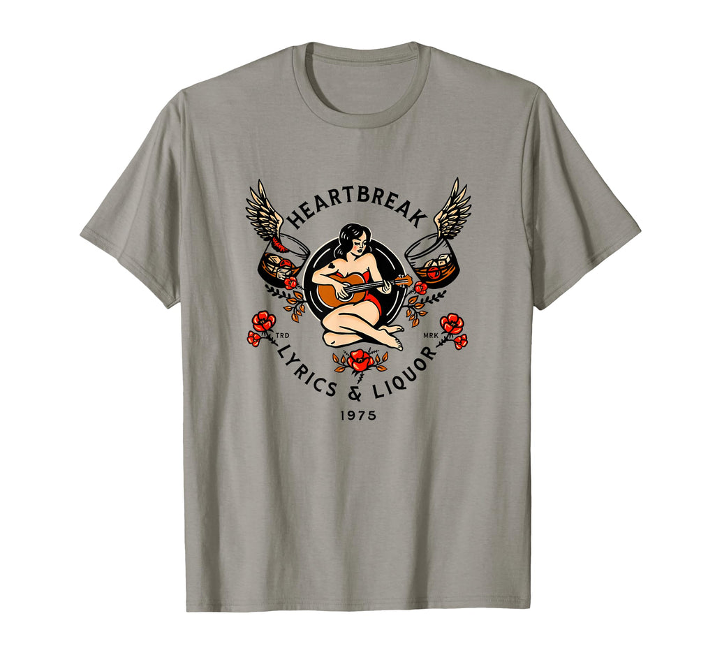 Heartbreak Lyrics Liquor Pinup Guitar T-Shirt - Graphic Print Men Women - T-Shirt, Sweatshirt, Hoodie