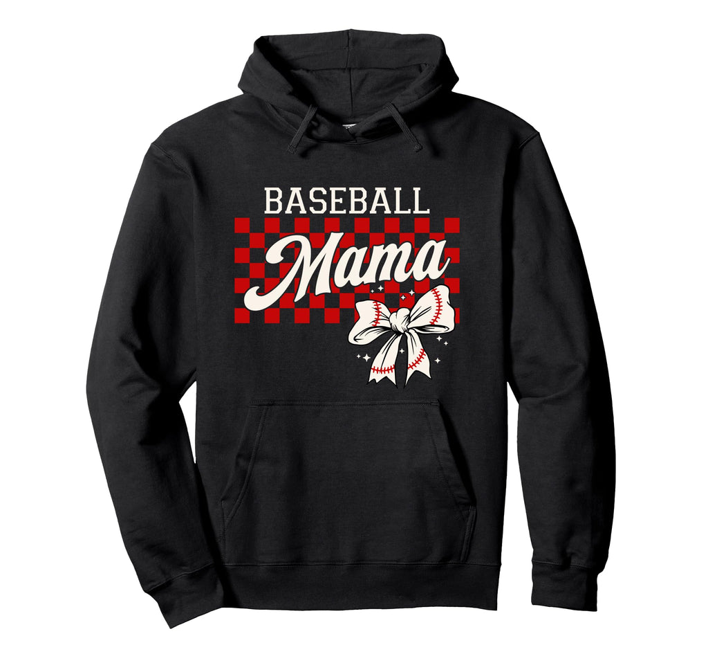 Checkered Baseball Mom Art Coquette Bow Hoodie - Trendy Graphic Unisex - T-Shirt, Sweatshirt, Hoodie