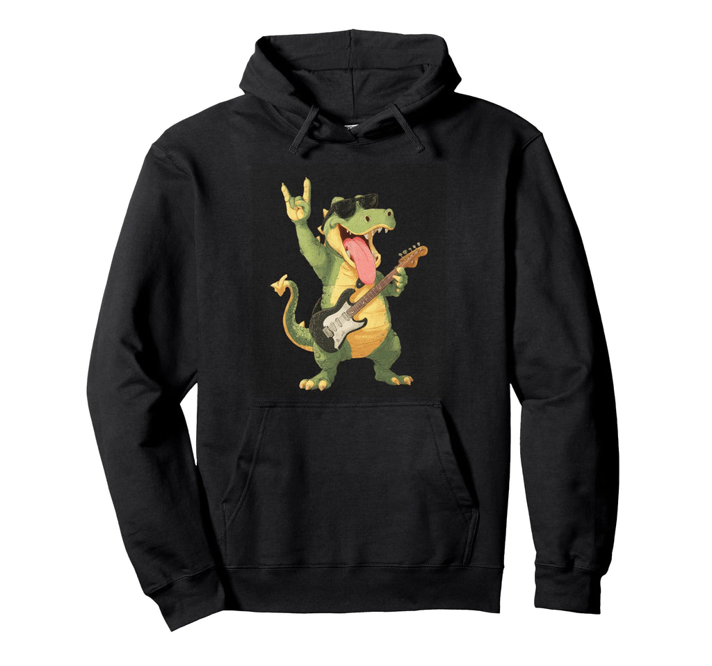 Dinosaur Rockstar Guitarist Funny Hoodie - Novelty Apparel for Adults - T-Shirt, Sweatshirt, Hoodie