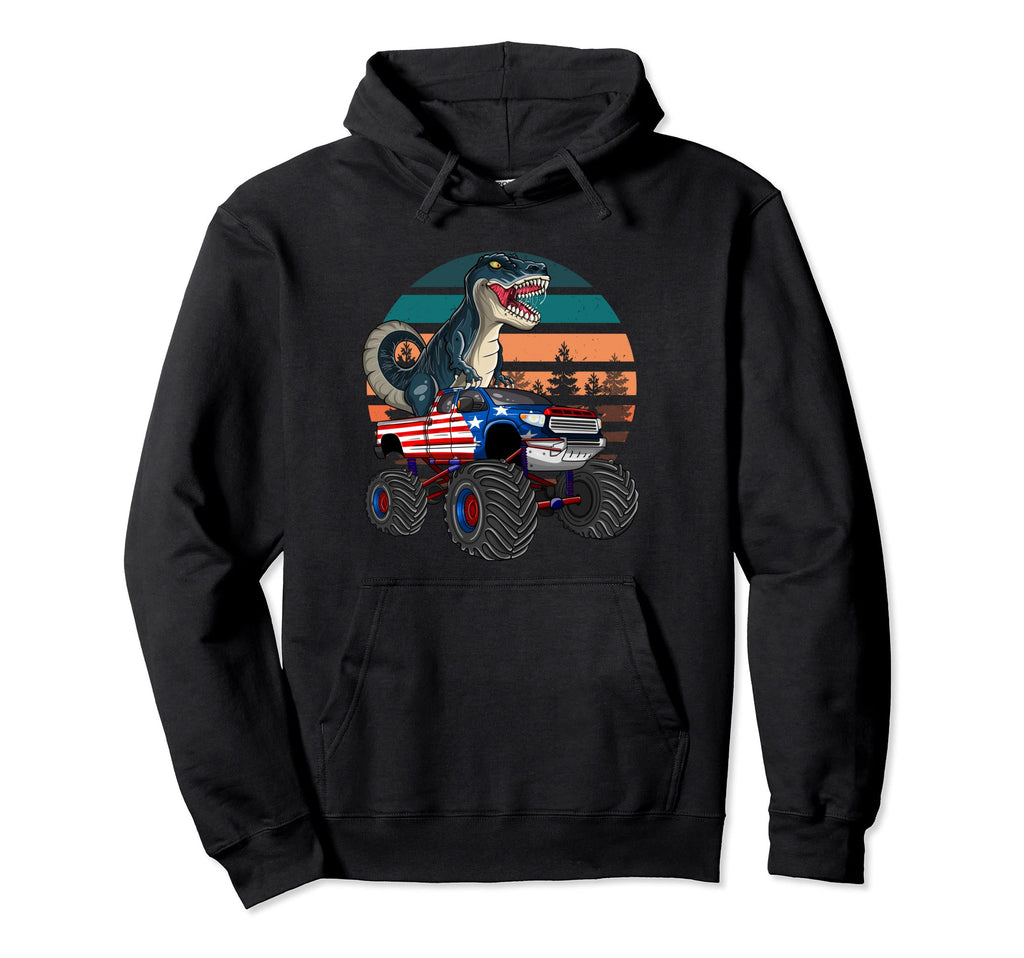 American Flag Monster Truck T Rex Hoodie - Casual Everyday Wear Unisex - T-Shirt, Sweatshirt, Hoodie