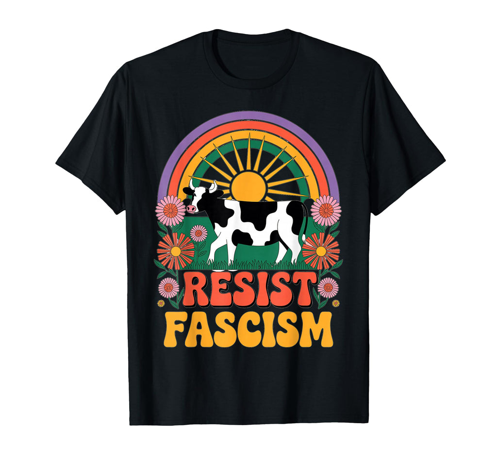 Cow Resist Fascism Groovy Rainbow No T-Shirt - Custom Art Print Unisex - T-Shirt, Sweatshirt, Hoodie