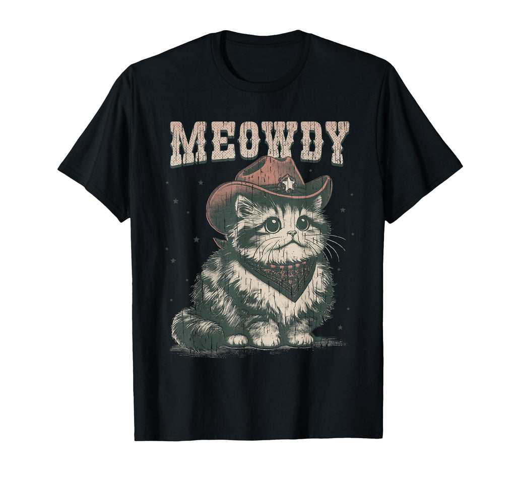 Meowdy Cat Cowboy Hat Funny T-Shirt - Minimalist Print Men Women - T-Shirt, Sweatshirt, Hoodie