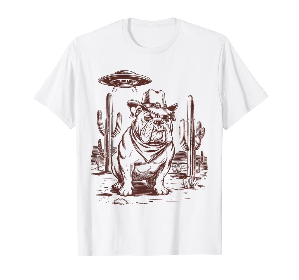 Bulldog Ufo Western Alien 90S Cowboy T-Shirt - Unique Graphic Unisex - T-Shirt, Sweatshirt, Hoodie