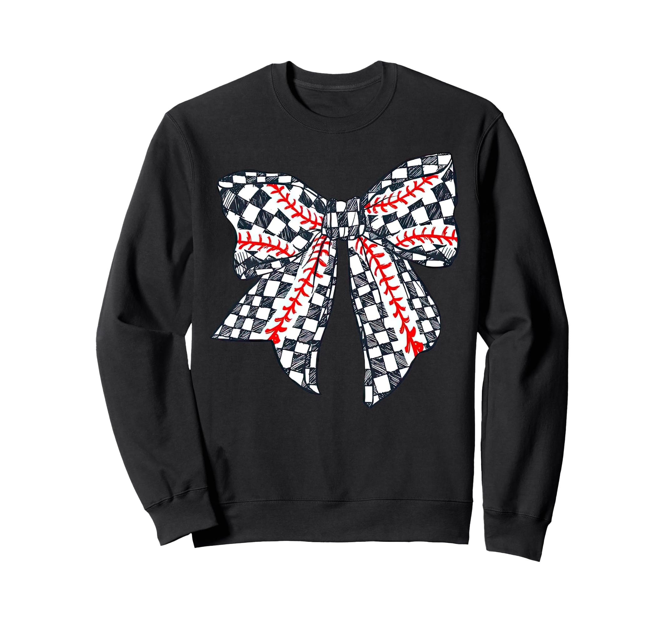 Checkered Baseball Bow Distressed Sweatshirt - Novelty Apparel for Adults - T-Shirt, Sweatshirt, Hoodie
