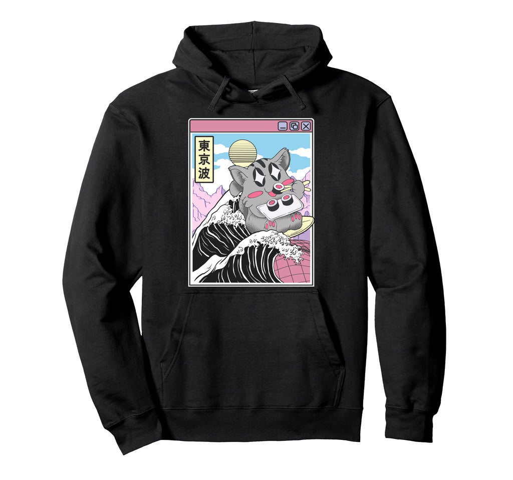 Cat Eating Sushi Surfing Kanagawa Hoodie - Minimalist Print for Adults - T-Shirt, Sweatshirt, Hoodie