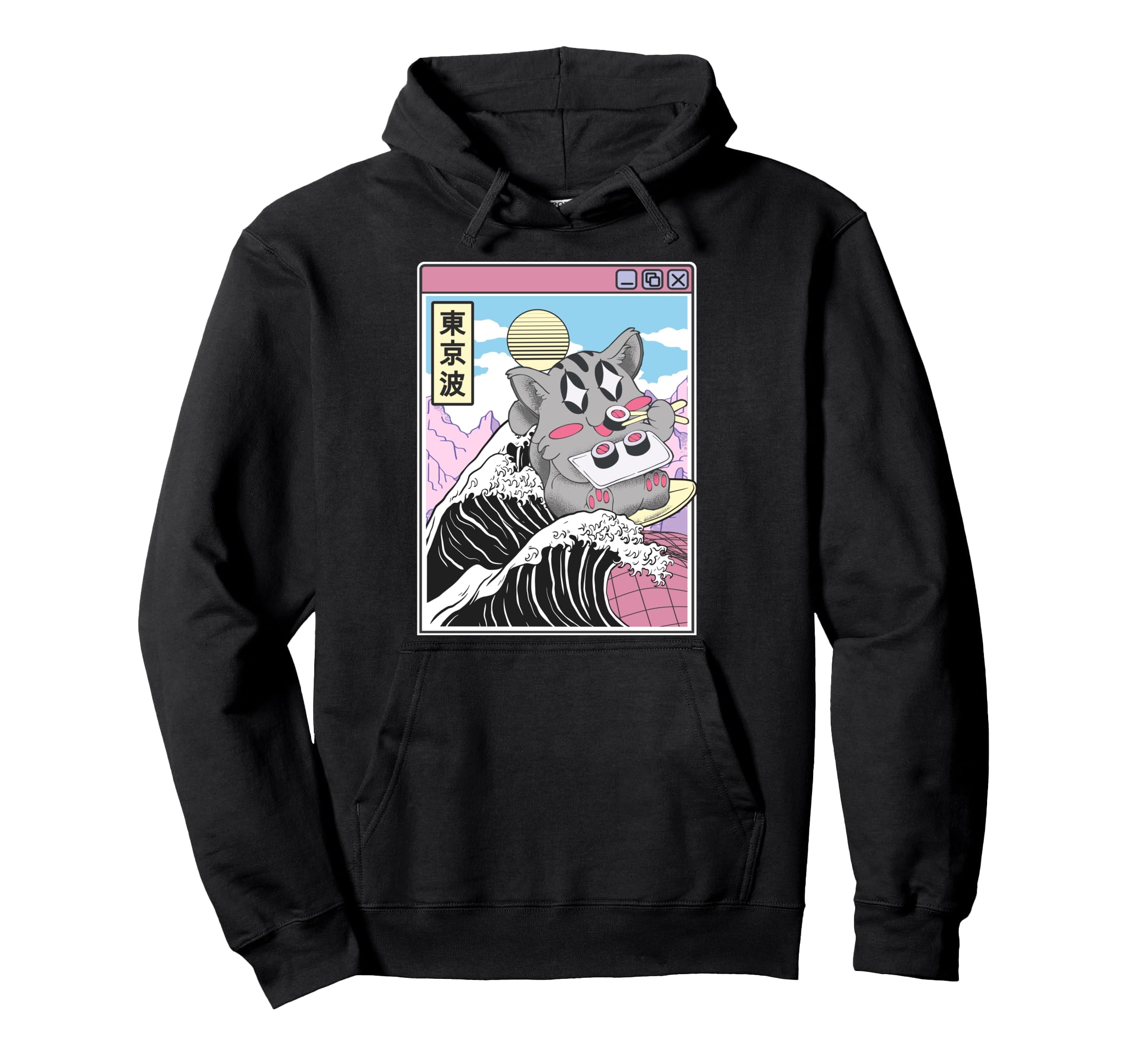 Cat Eating Sushi Surfing Kanagawa Hoodie - Minimalist Print for Adults - T-Shirt, Sweatshirt, Hoodie