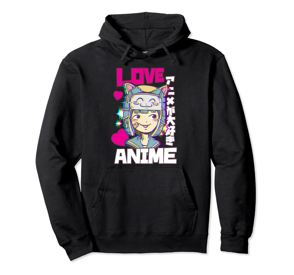 Japanese Vaporwave E Love Anime Glitch Hoodie - Trendy Graphic for Adults - T-Shirt, Sweatshirt, Hoodie