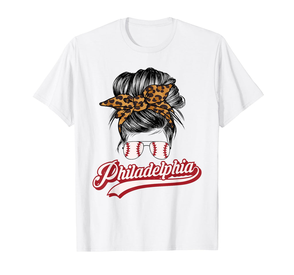 Philly Baseball Leopard Messy Bun T-Shirt - Trendy Graphic for Adults - T-Shirt, Sweatshirt, Hoodie