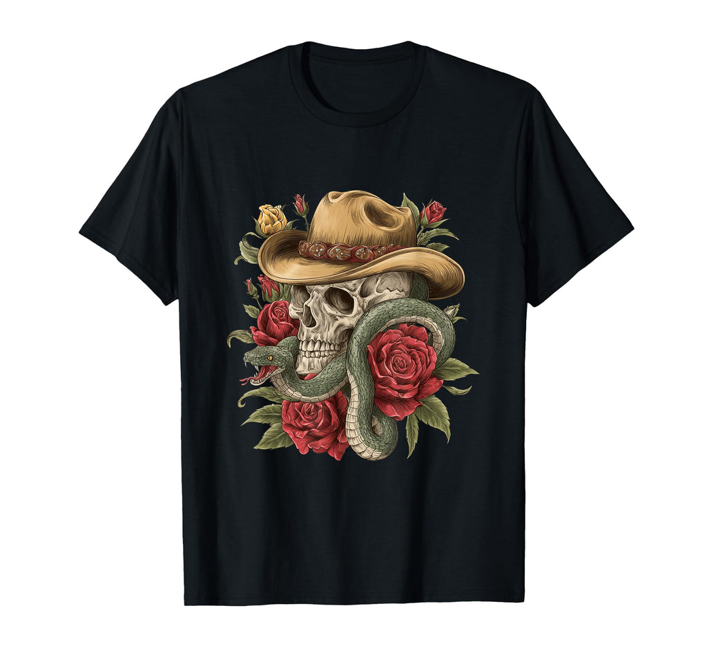 Aesthetic Western Skull Snake Cowboy Rose T-Shirt - Novelty Apparel Unisex - T-Shirt, Sweatshirt, Hoodie