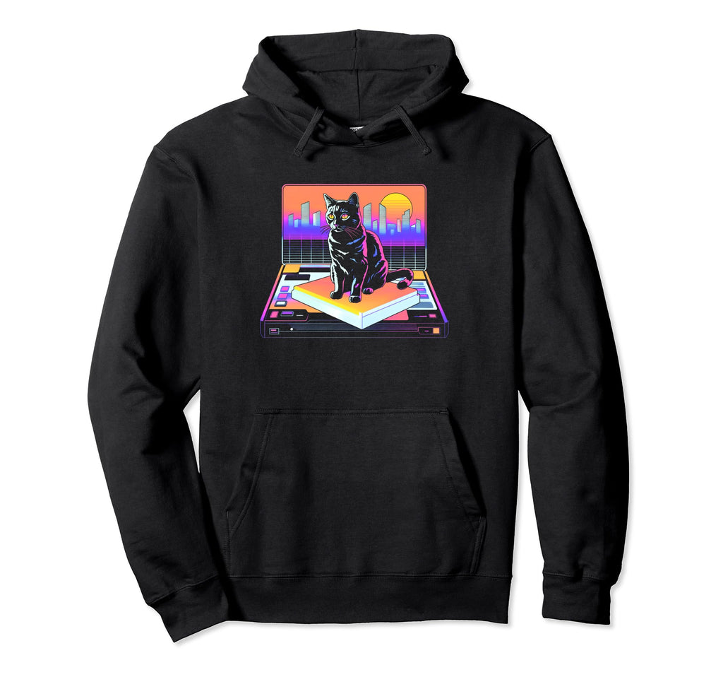 Skylines Vaporwave Aesthetic Cat Hoodie - Trendy Graphic for Adults - T-Shirt, Sweatshirt, Hoodie