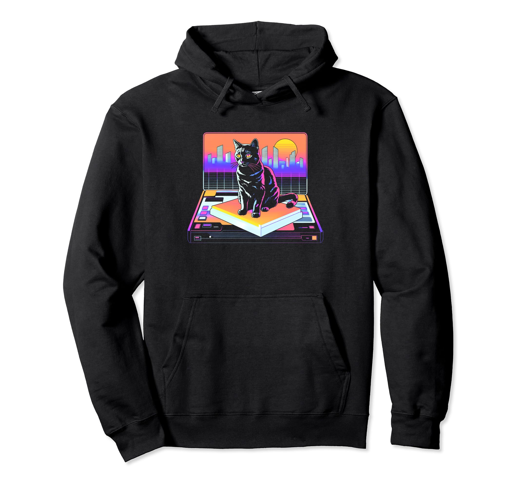 Skylines Vaporwave Aesthetic Cat Hoodie - Trendy Graphic for Adults - T-Shirt, Sweatshirt, Hoodie