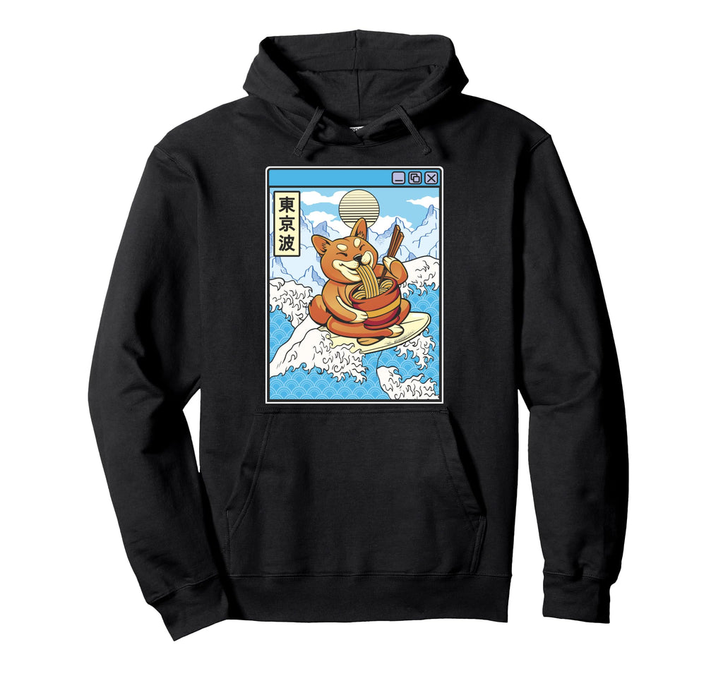 Surfing Shiba Inu Eating Ramen Japan Hoodie - Aesthetic Graphic Unisex - T-Shirt, Sweatshirt, Hoodie