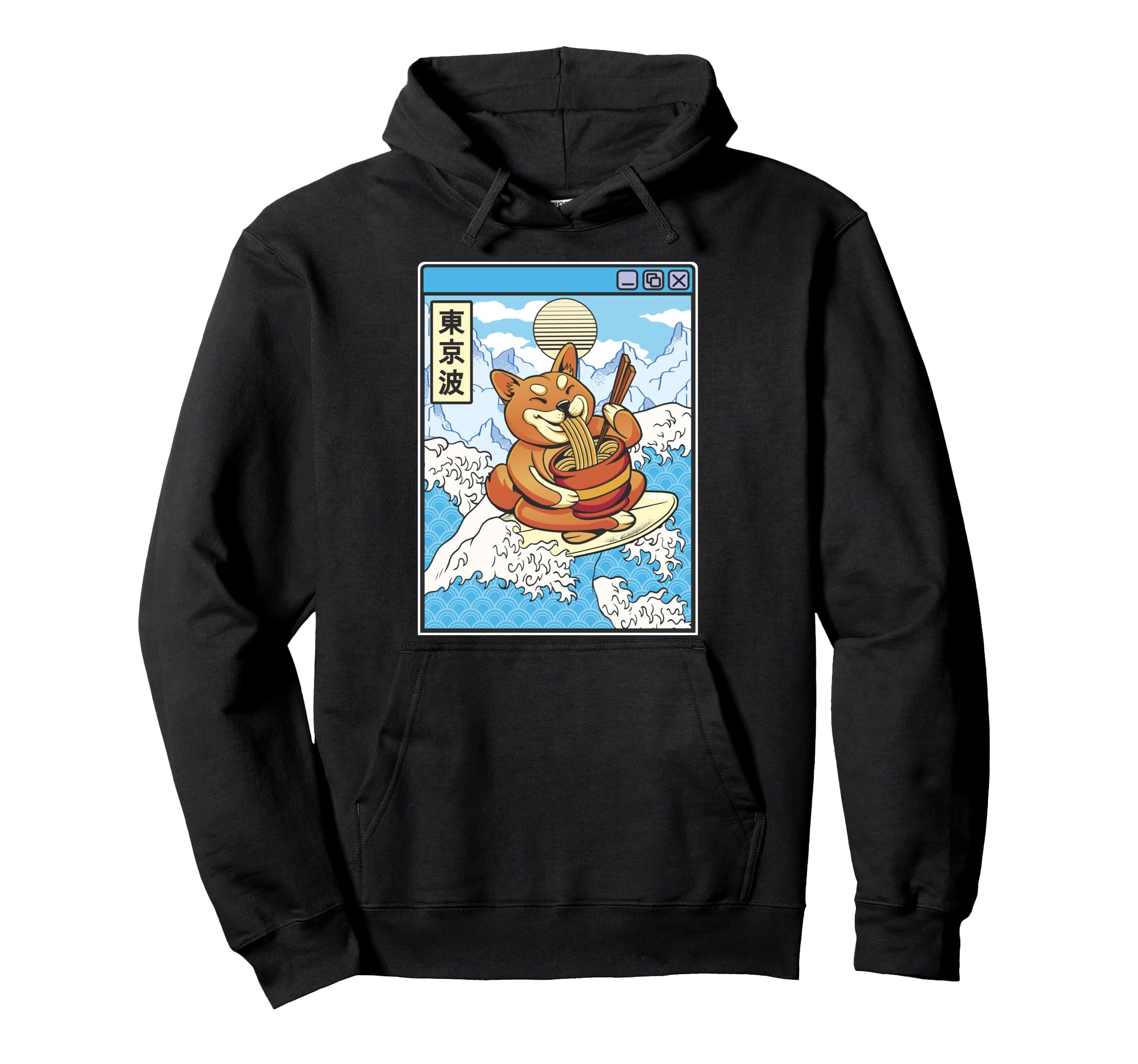 Surfing Shiba Inu Eating Ramen Japan Hoodie - Aesthetic Graphic Unisex - T-Shirt, Sweatshirt, Hoodie