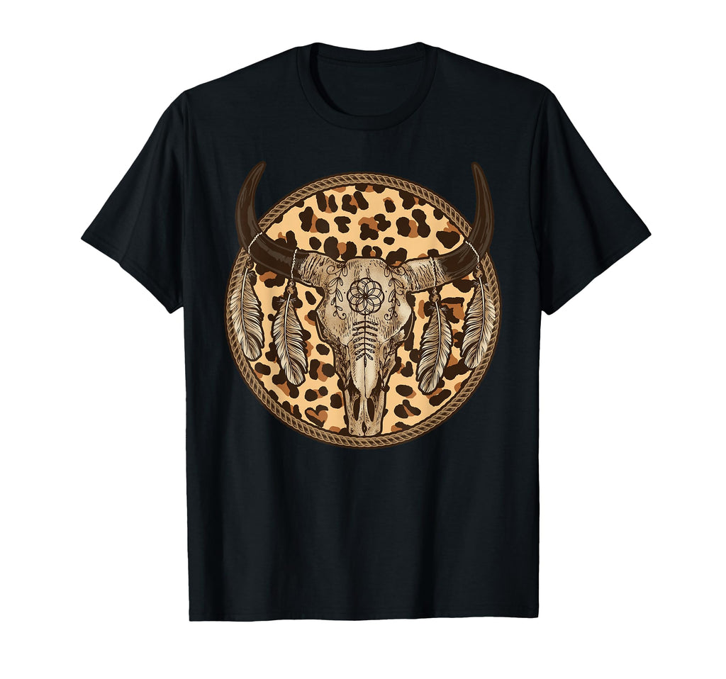 Leopard Boho Longhorn Skull Western T-Shirt - Unique Graphic Unisex - T-Shirt, Sweatshirt, Hoodie