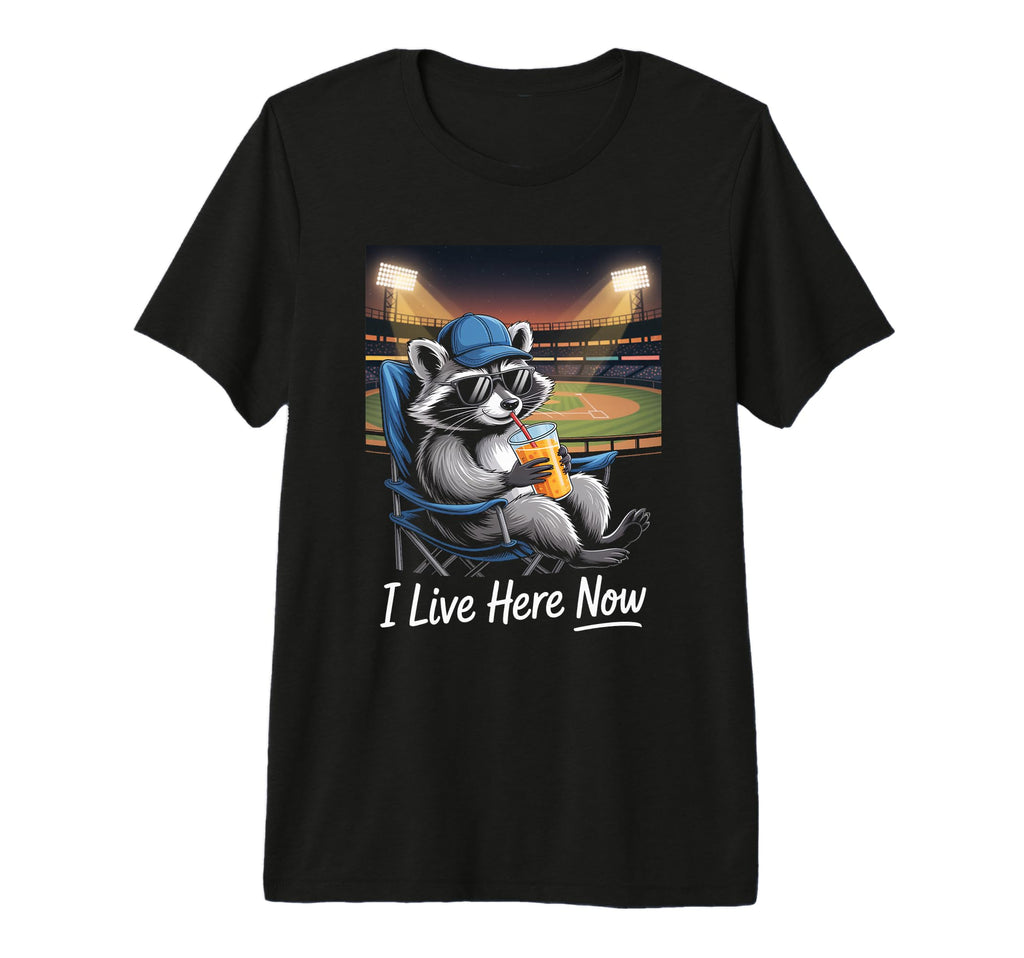 I Live Here Now Raccoon Baseball Fan T-Shirt - Novelty Apparel Men Women - T-Shirt, Sweatshirt, Hoodie