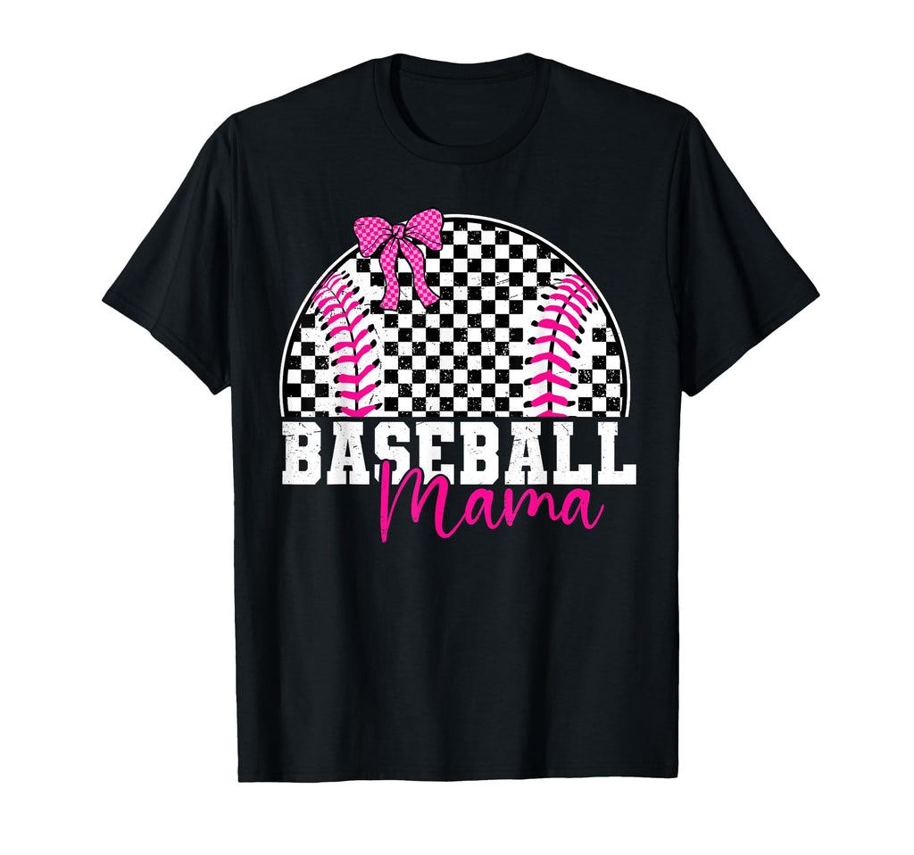 Checkered Baseball Mama Bow Varsity Mom T-Shirt - Streetwear Style Unisex - T-Shirt, Sweatshirt, Hoodie