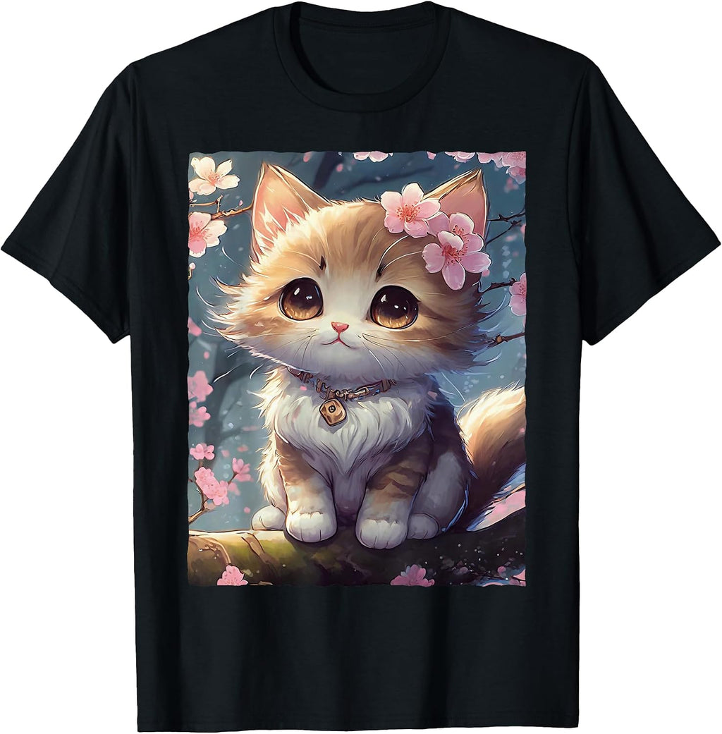 Kawaii Anime Cat Sakura Cherry Blossom Cute Kitten - Adult & Kids T-Shirts, Sweatshirts & Hoodies apparel design preview 1