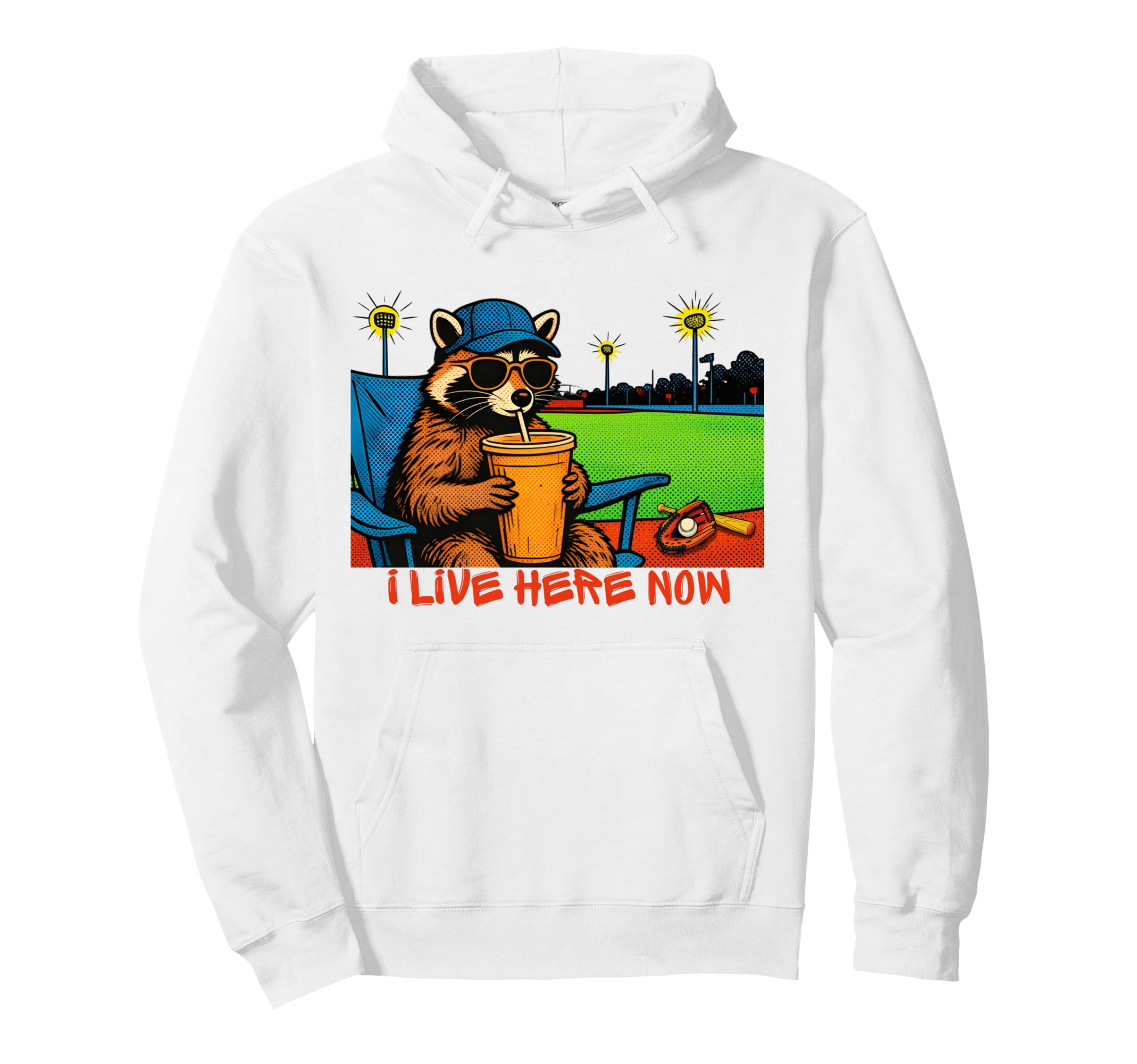 Funny Raccoon Ballfield Baseball Hoodie - Custom Art Print for Adults - T-Shirt, Sweatshirt, Hoodie