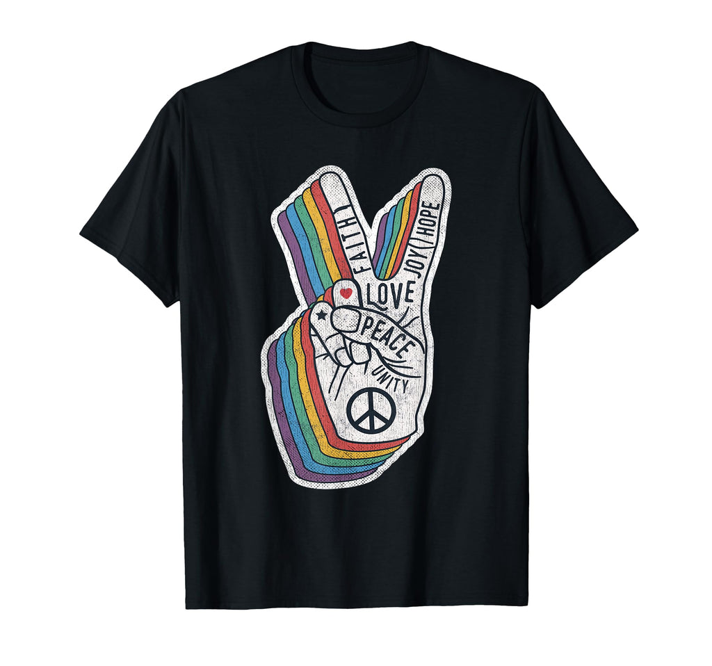 Distressed Rainbow Peace Hand Sign 60S T-Shirt - Custom Art Print Unisex - T-Shirt, Sweatshirt, Hoodie