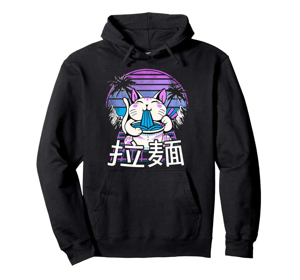 Ramen Cat Anime Retrowave Sunset 80S Hoodie - Casual Everyday Wear Unisex - T-Shirt, Sweatshirt, Hoodie