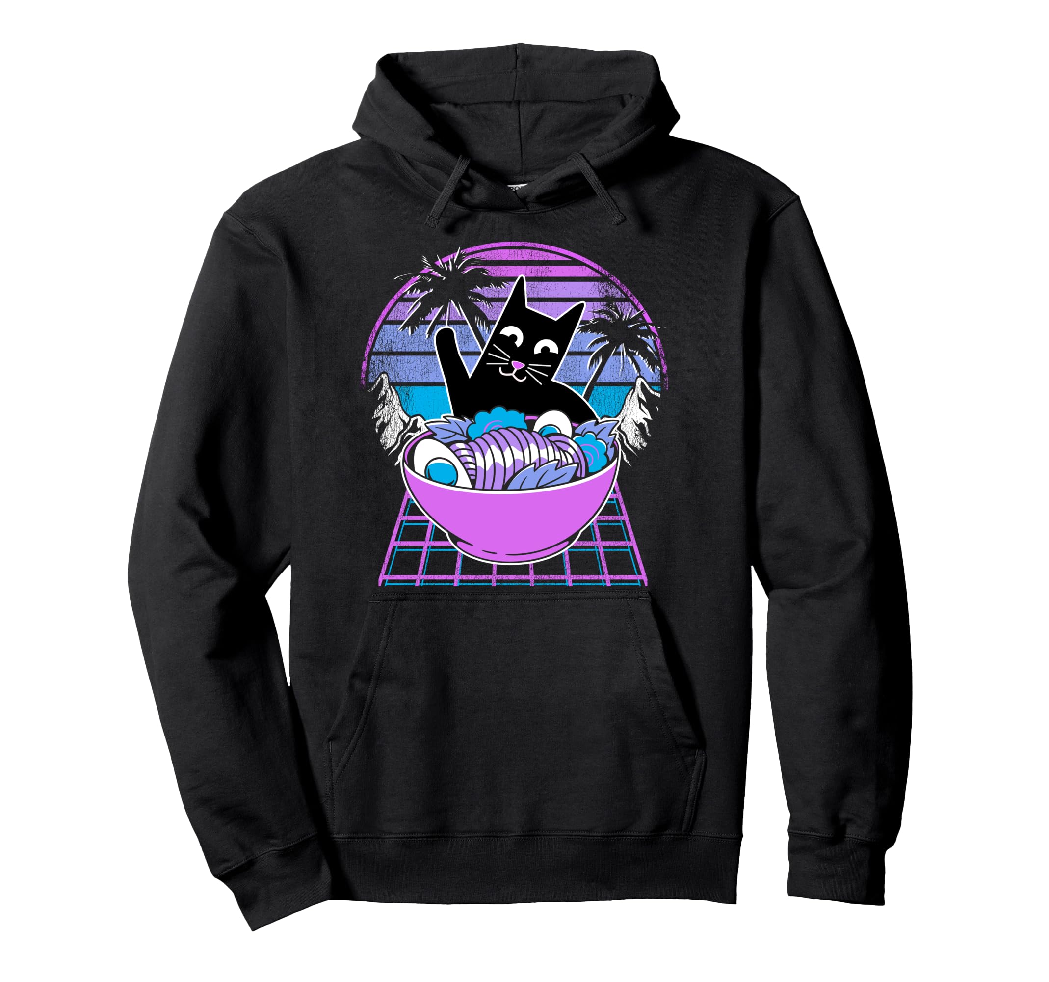 Ramen Cat Anime Retrowave Sunset 80S Hoodie - Graphic Print Men Women - T-Shirt, Sweatshirt, Hoodie