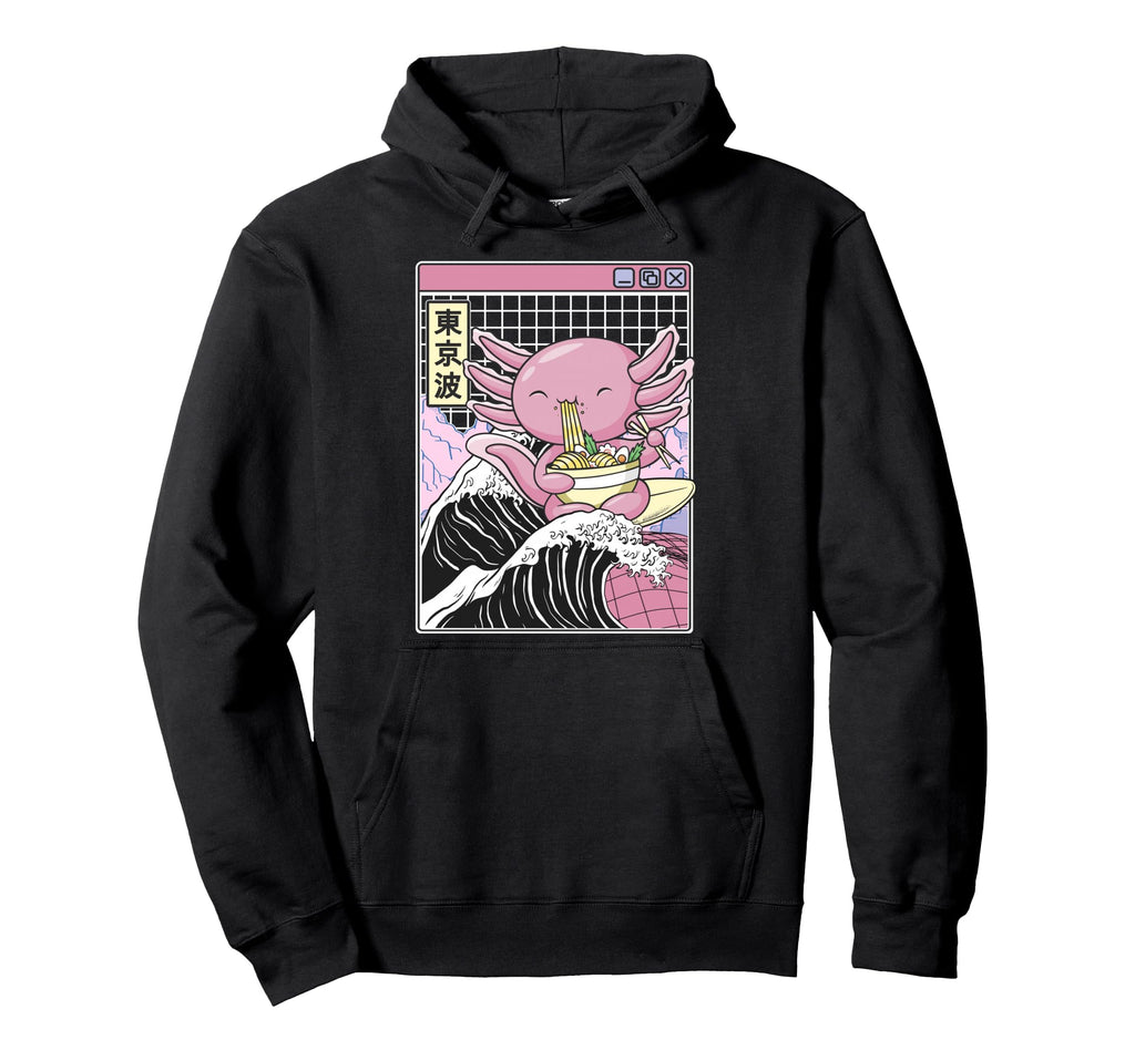 Axolotl Eating Ramen Kanagawa Wave Hoodie - Minimalist Print for Adults - T-Shirt, Sweatshirt, Hoodie