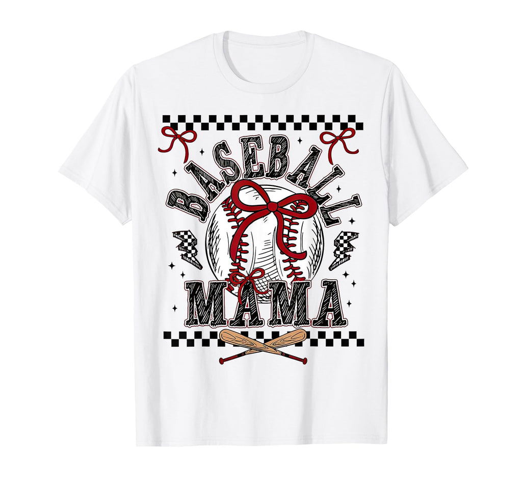 Coquette Bow Baseball Mama Checkered T-Shirt - Minimalist Print Men Women - T-Shirt, Sweatshirt, Hoodie