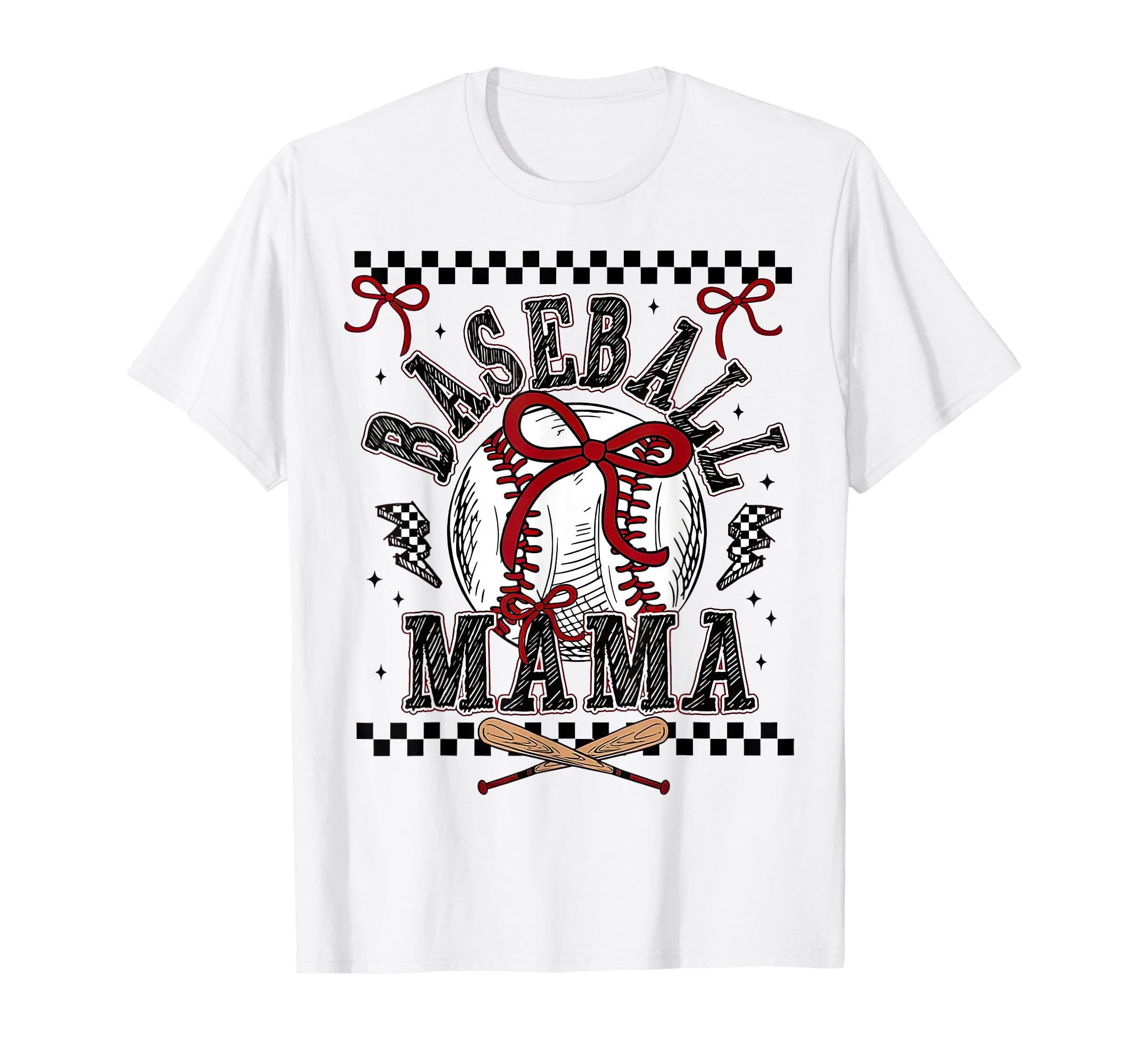Coquette Bow Baseball Mama Checkered T-Shirt - Minimalist Print Men Women - T-Shirt, Sweatshirt, Hoodie