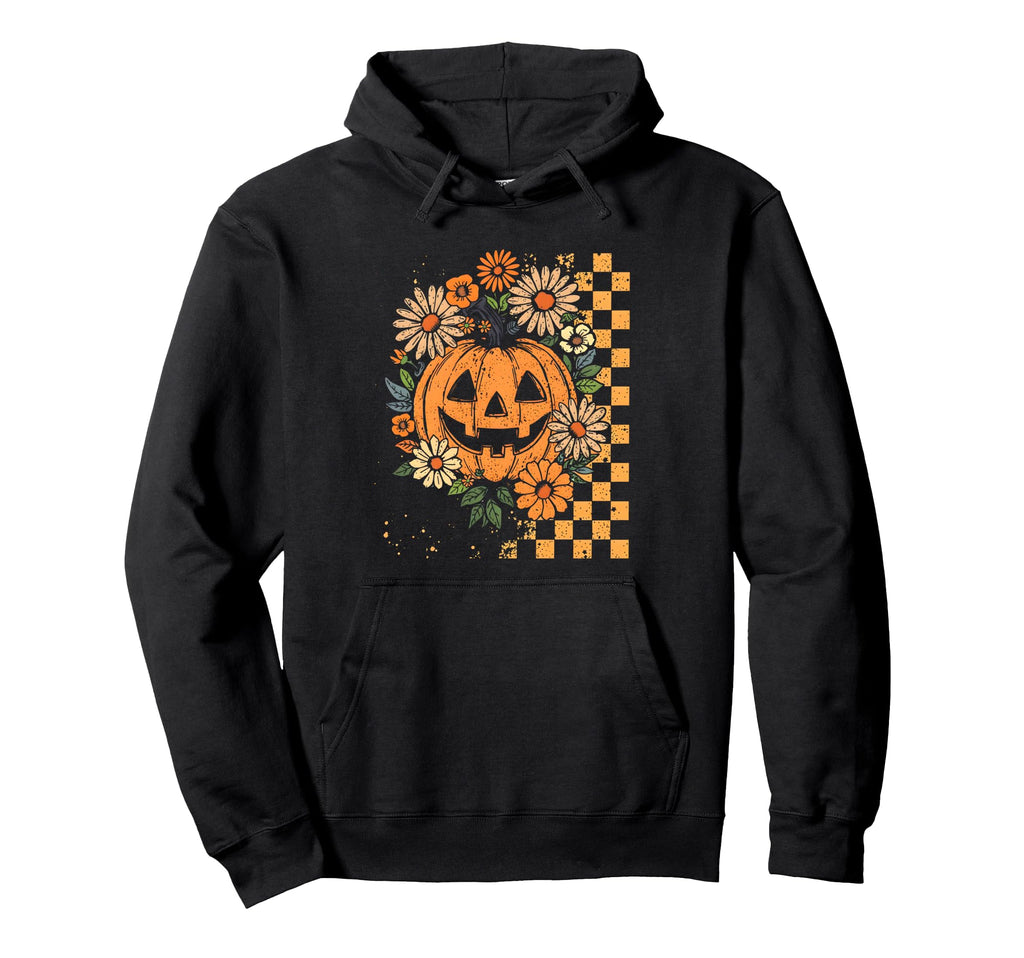 Floral Checkered Boho Pumpkin Halloween Hoodie - Streetwear Style Unisex - T-Shirt, Sweatshirt, Hoodie