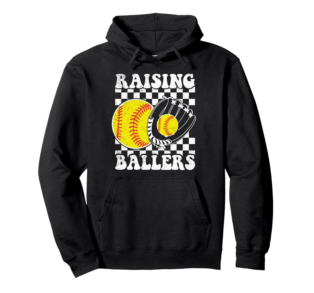 Raising Ballers Funny Mom Softball Hoodie - Unique Graphic Unisex - T-Shirt, Sweatshirt, Hoodie