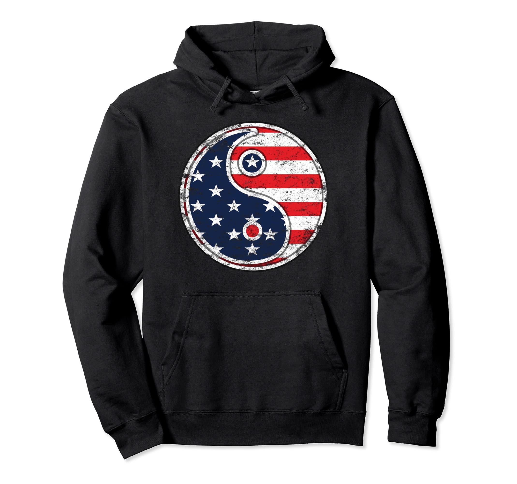 Patriotic Usa Flag Yin Yang Distressed Hoodie - Unique Graphic for Adults - T-Shirt, Sweatshirt, Hoodie