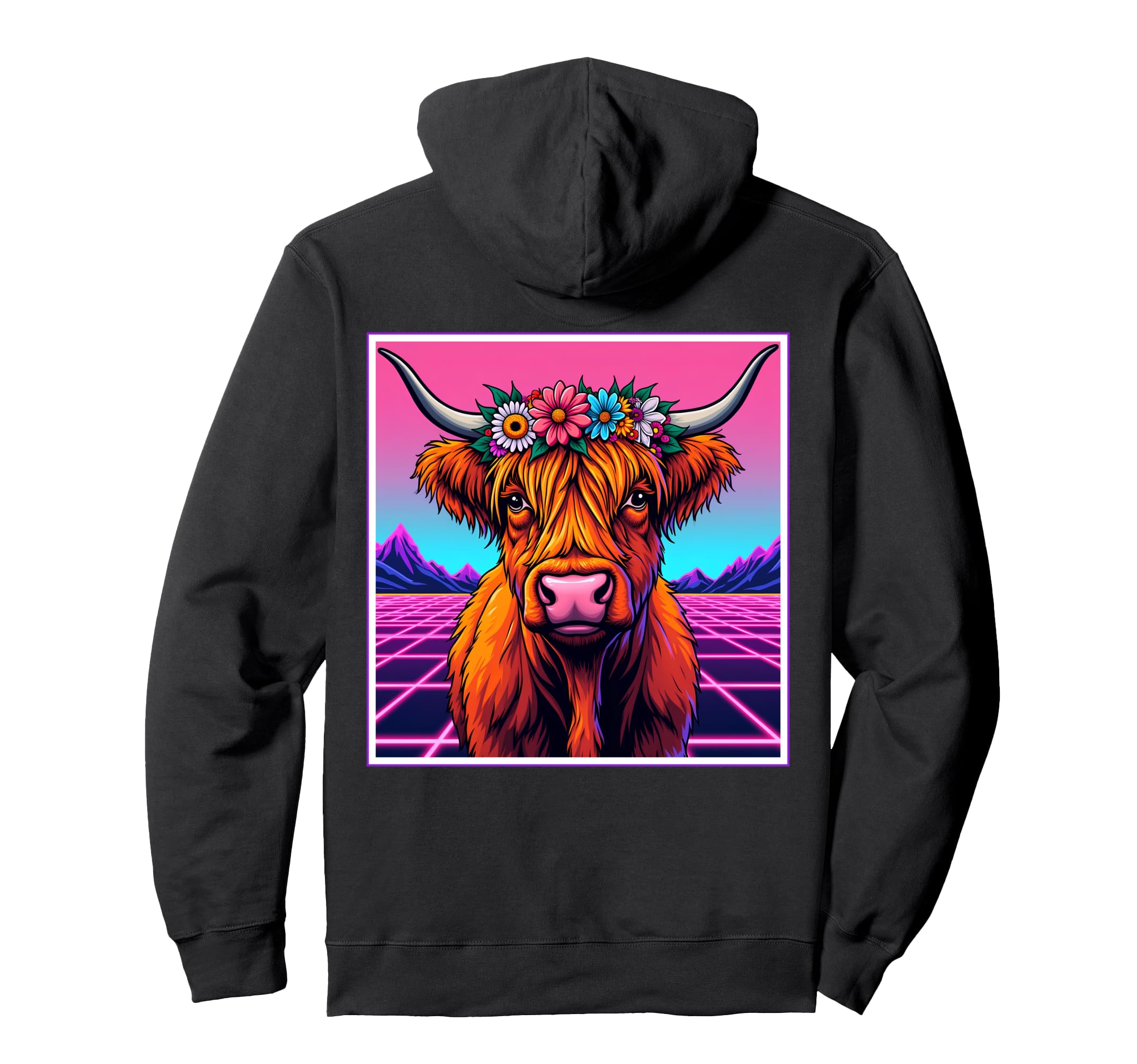 Highland Cow Vaporwave Cow Hoodie - Aesthetic Graphic for Adults - T-Shirt, Sweatshirt, Hoodie