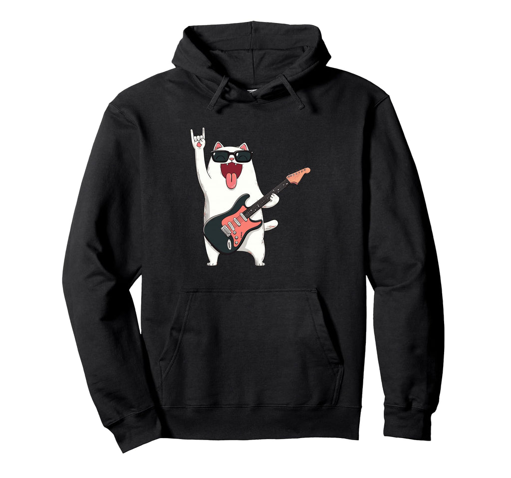 Cat Rock Music Funny Cartoon Playful Hoodie - Trendy Graphic for Adults - T-Shirt, Sweatshirt, Hoodie