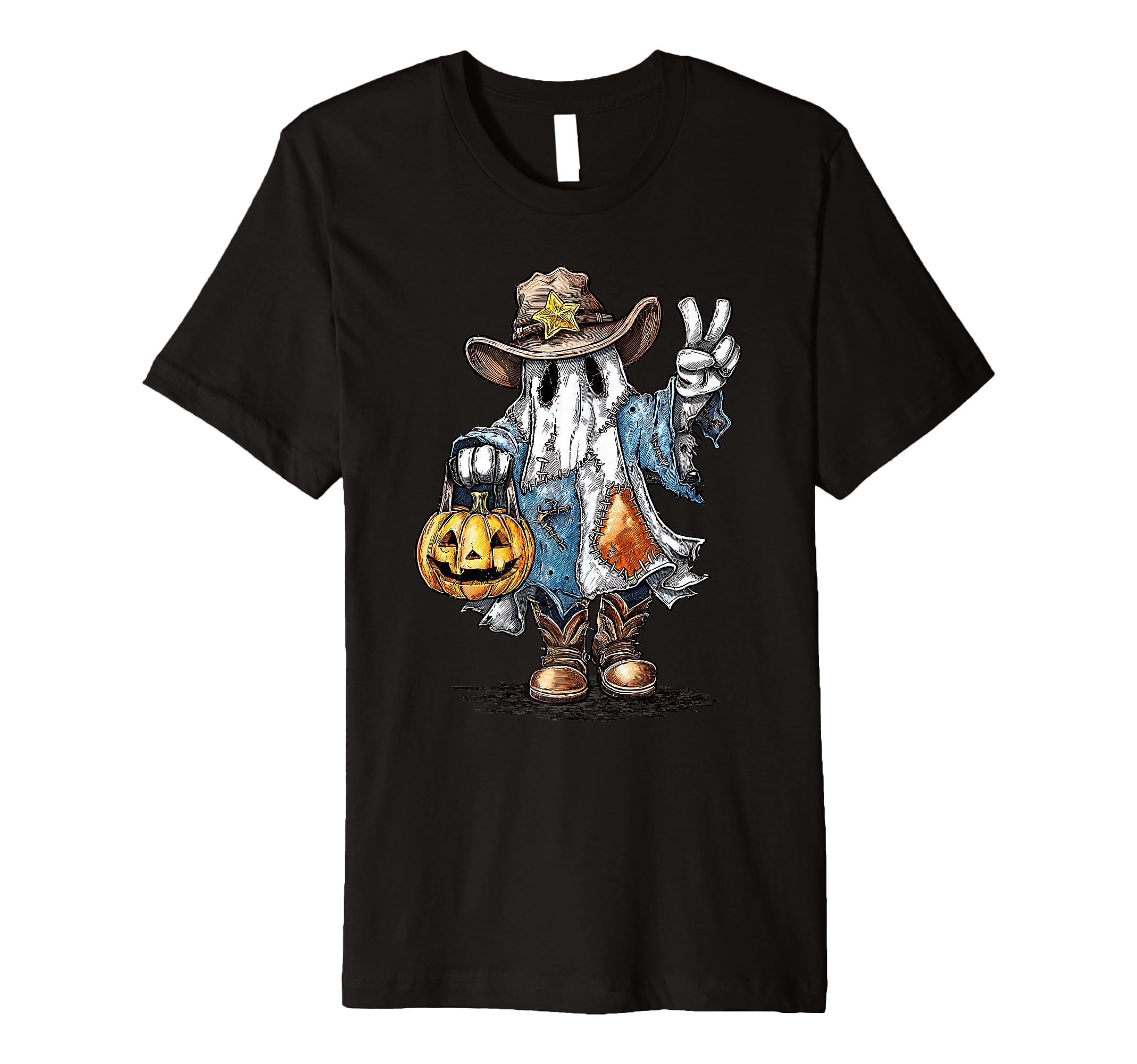 Cowboy Ghost Pumpkin Halloween T-Shirt - Minimalist Print Unisex - T-Shirt, Sweatshirt, Hoodie