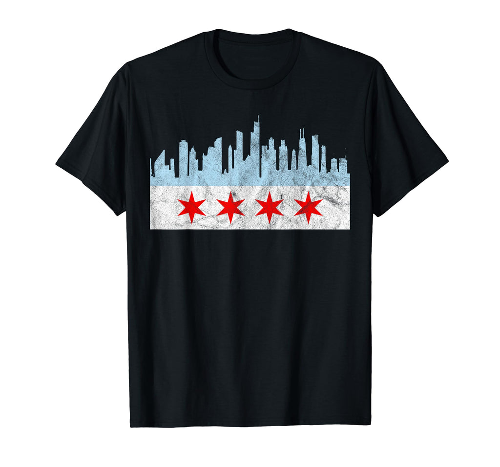 Chicago Flag Distressed Downtown Skyline T-Shirt - Unique Graphic Unisex - T-Shirt, Sweatshirt, Hoodie