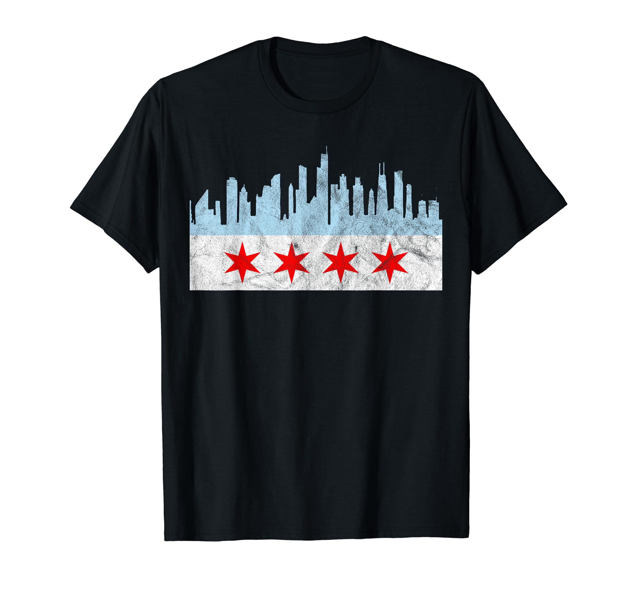 Chicago Flag Distressed Downtown Skyline T-Shirt - Unique Graphic Unisex - T-Shirt, Sweatshirt, Hoodie