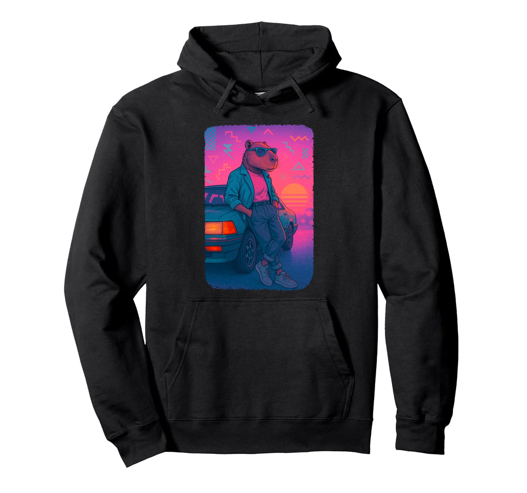 80S Capybara Vaporwave Sunset Hoodie - Fun Novelty Design Men Women - T-Shirt, Sweatshirt, Hoodie