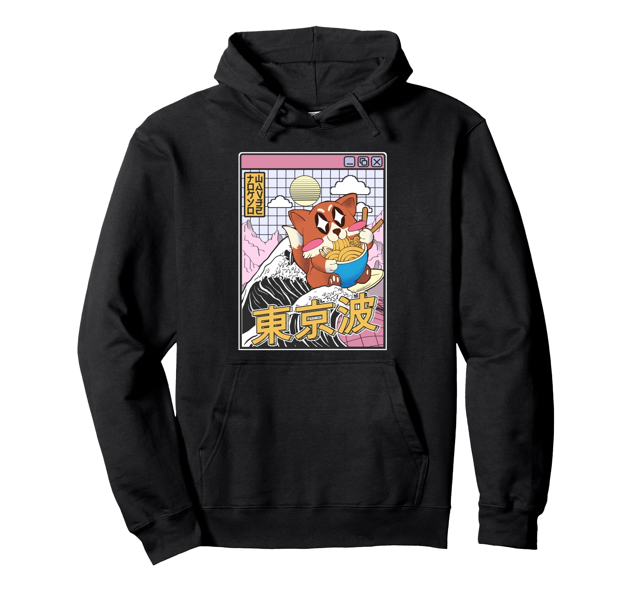 Fox Surfing Kanagawa Wave Kawaii Hoodie - Minimalist Print for Adults - T-Shirt, Sweatshirt, Hoodie