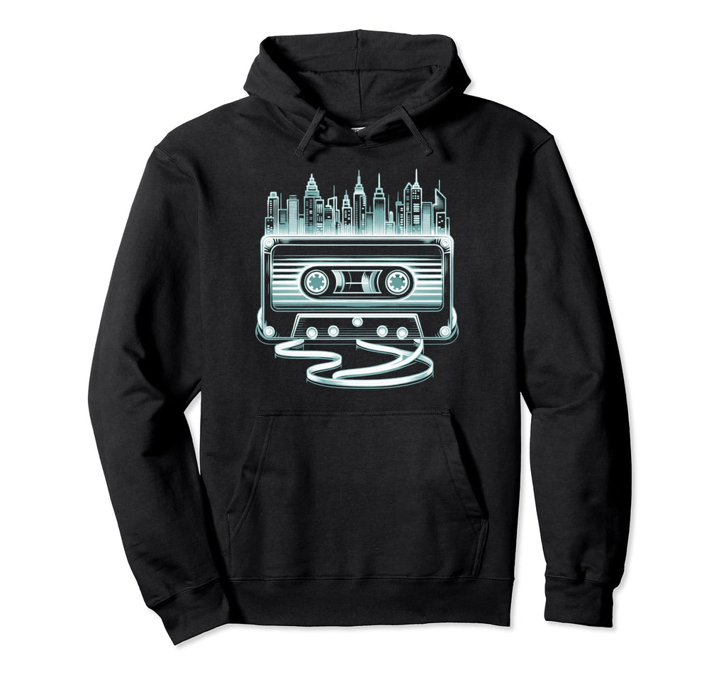 Cassette Tape And City Skyline Hoodie - Fun Novelty Design for Adults - T-Shirt, Sweatshirt, Hoodie