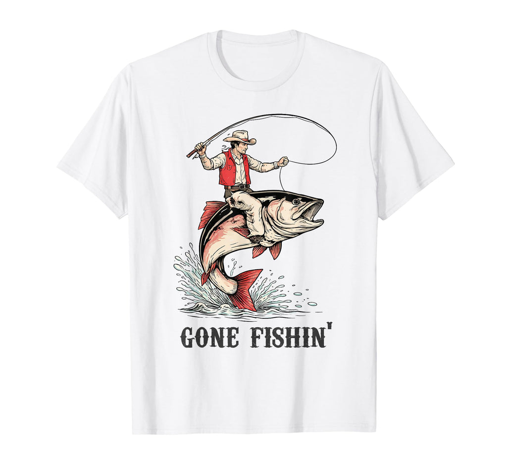 Gone Fishin Cowboy Angler Riding Fish T-Shirt - Novelty Apparel Men Women - T-Shirt, Sweatshirt, Hoodie