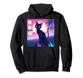 Vaporwave Cat Sunset Palm Trees 80S Hoodie - Novelty Apparel for Adults - T-Shirt, Sweatshirt, Hoodie