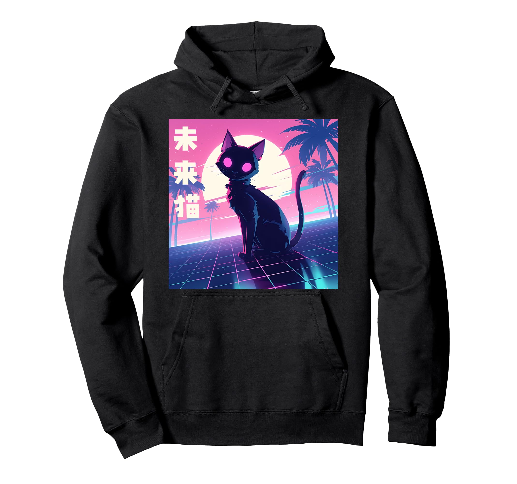 Vaporwave Cat Sunset Palm Trees 80S Hoodie - Novelty Apparel for Adults - T-Shirt, Sweatshirt, Hoodie